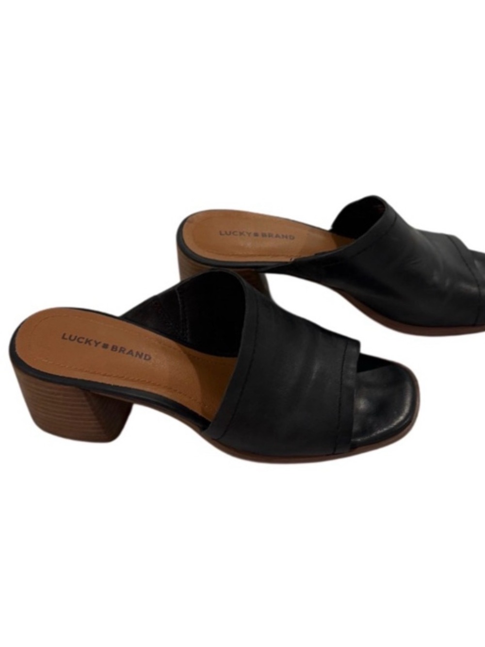 Lucky Brand Black Leather Slide Mules with Stacked Heel
